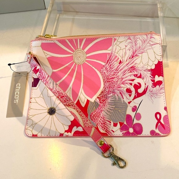 Chico’s Printed Zip Pouch w pink floral design & wristlet strap, LBBC Pouch NWT - Picture 2 of 12